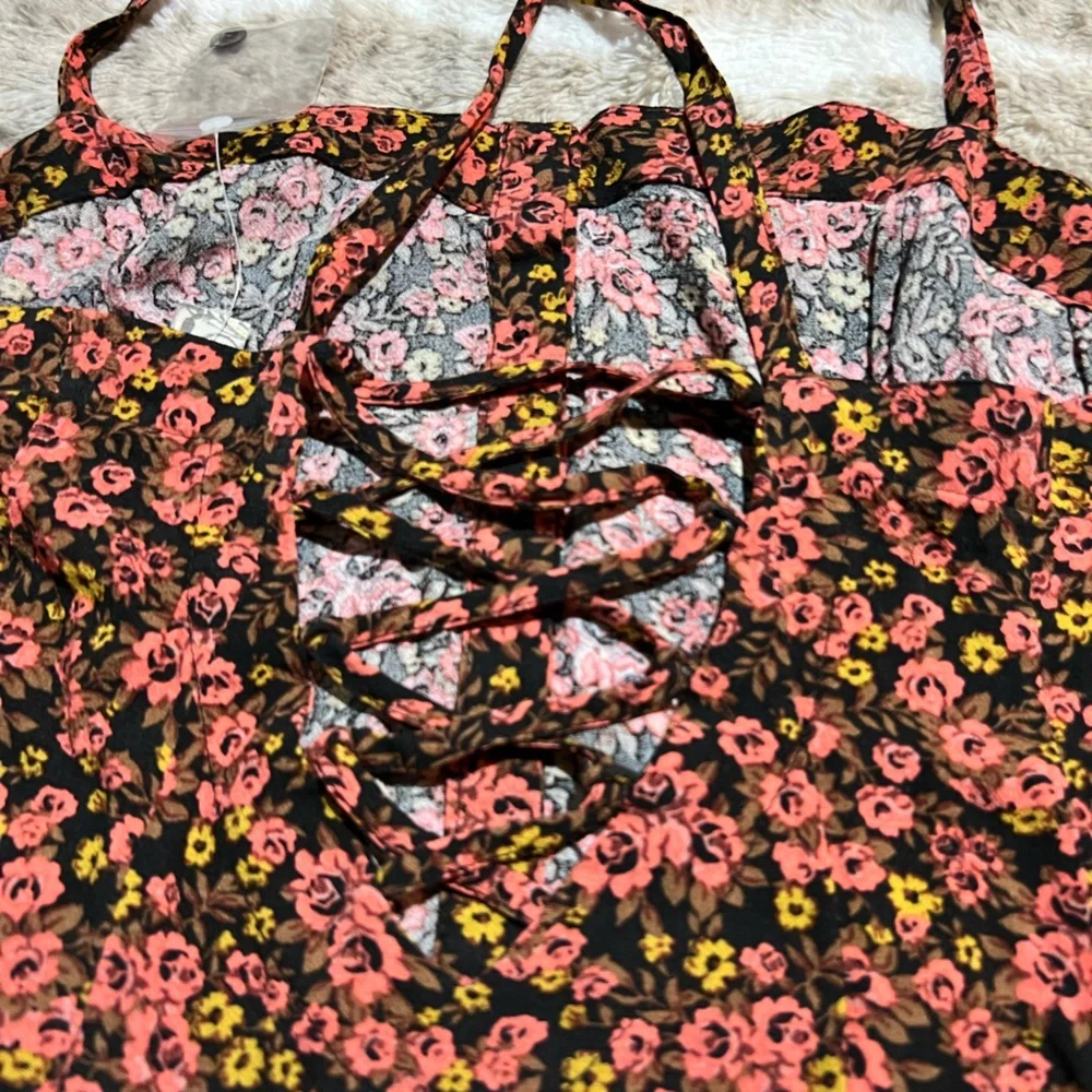 Free people floral bodice button front tank lace up back